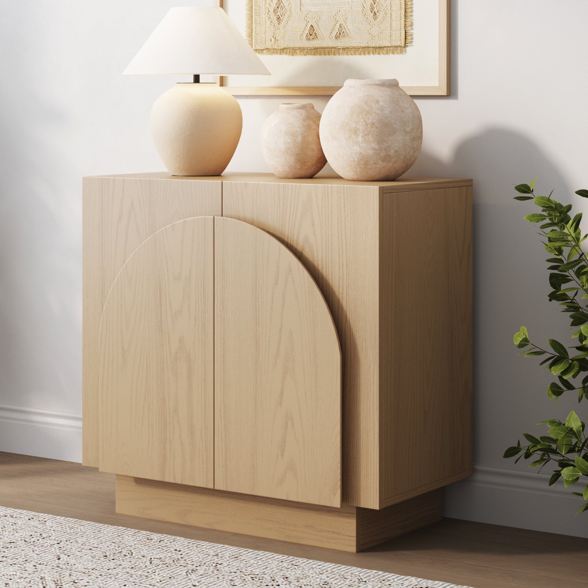 Wood Mid-Century Arched Storage Cabinet Gray Oak