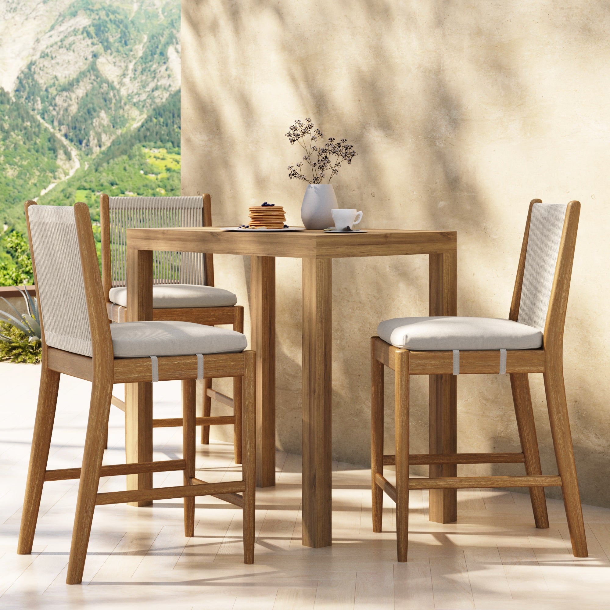 Outdoor Wood & Rope Counter Height Bar Stools Brushed Light Brown (Set of 3)